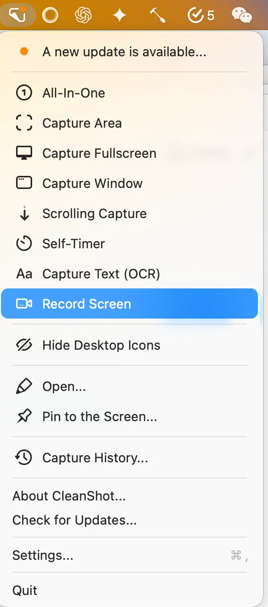 CleanShot X menu with the Record Screen option