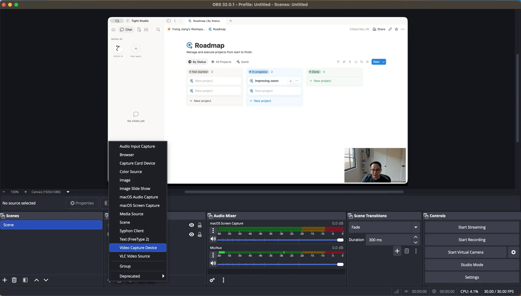 OBS Studio canvas showing separate screen and webcam sources, audio controls, scene transitions, and source controls