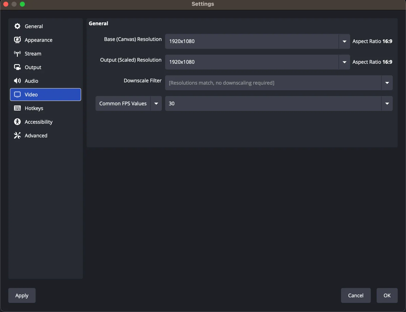 Configuración de video OBS Studio configurada para un lienzo de 1920x1080 y salida a 30 fps