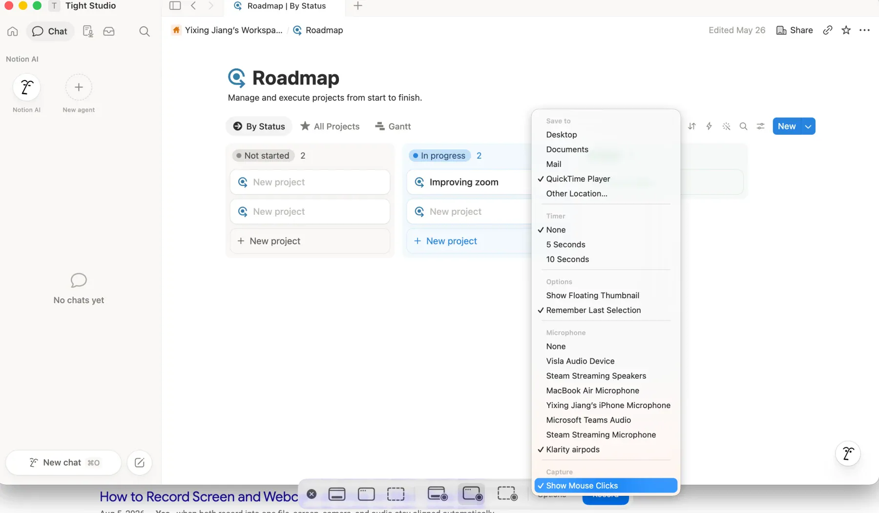 Apple Screenshot recording options showing save location, timer, microphone, and mouse-click controls.