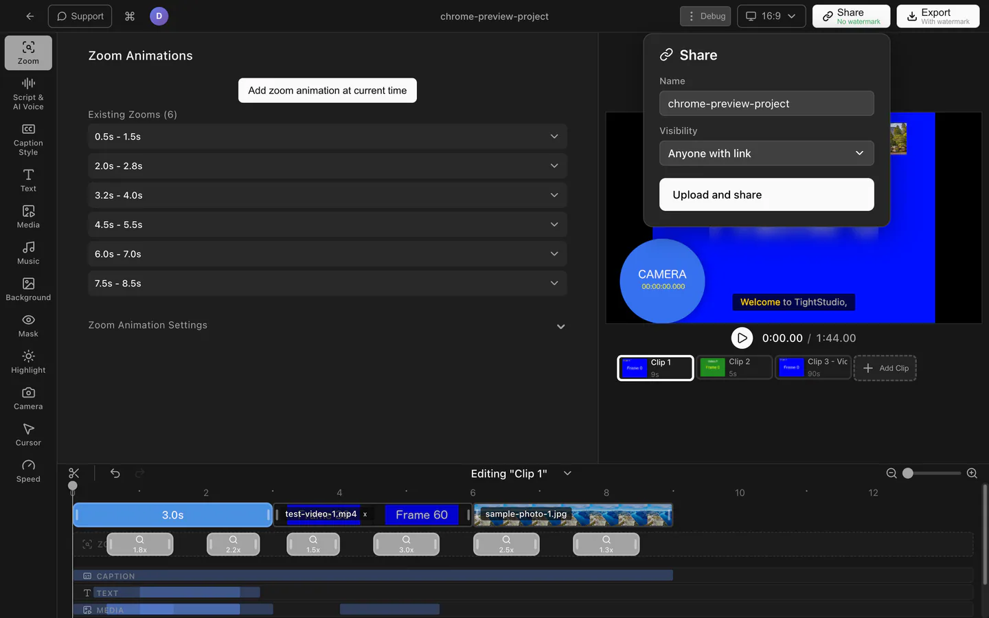 Full Tight Studio editor with a Share dialog for naming, uploading, and creating a browser-ready video link