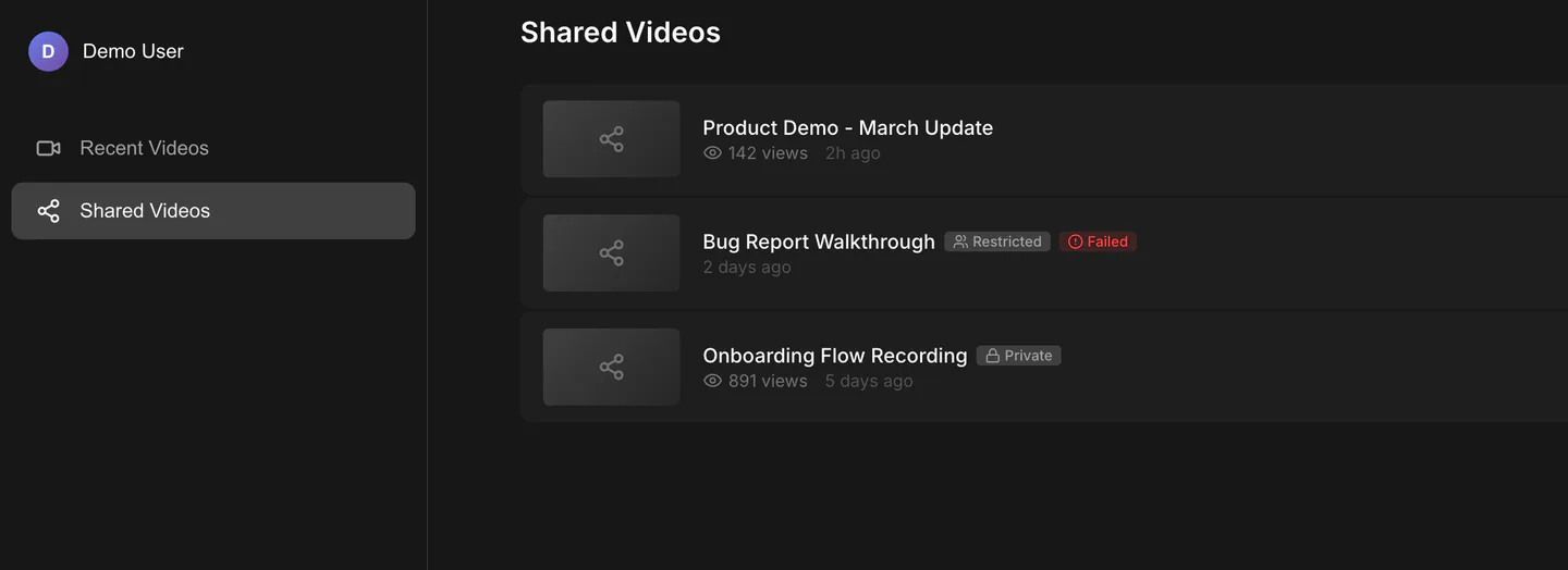Tight Studio Shared Videos library listing shared recordings with restricted and private visibility badges