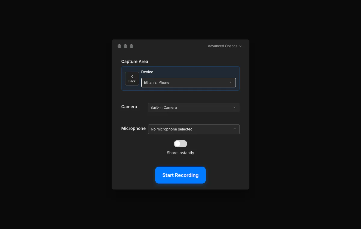 Tight Studio recording controls with a connected iPhone selected