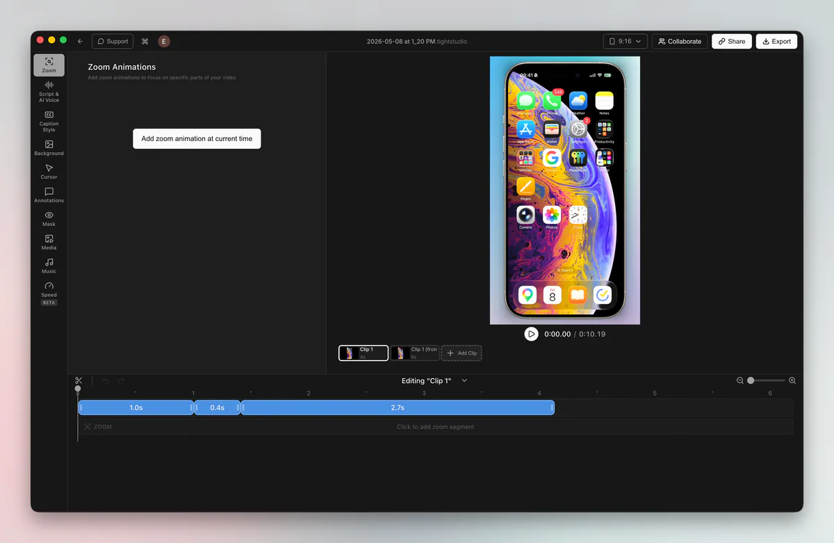 Simultaneous desktop + iPhone capture with customizable framing and background wallpaper presets.