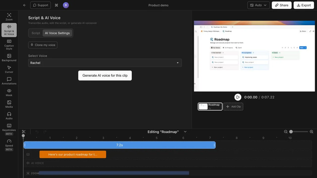 Generated AI narration segment in the Tight Studio timeline without a microphone recording workflow