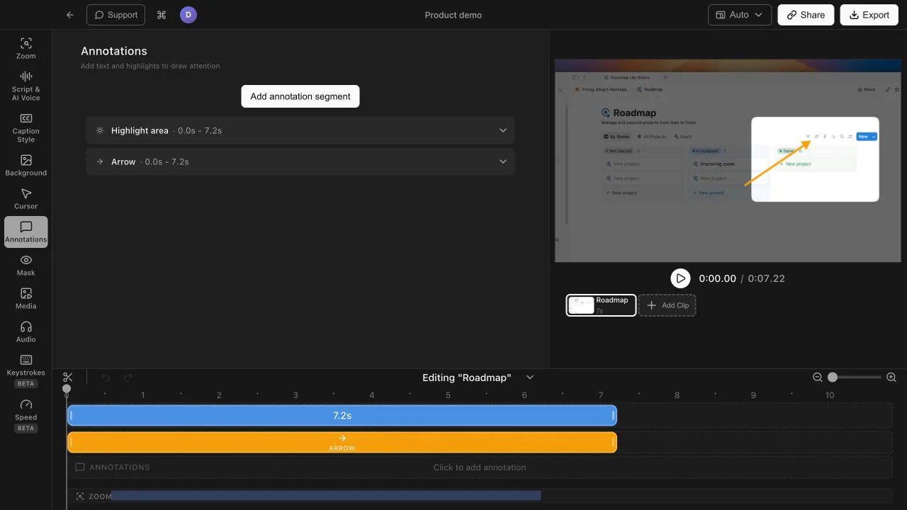 Highlight and arrow annotations guiding attention to a roadmap card in the Tight Studio preview