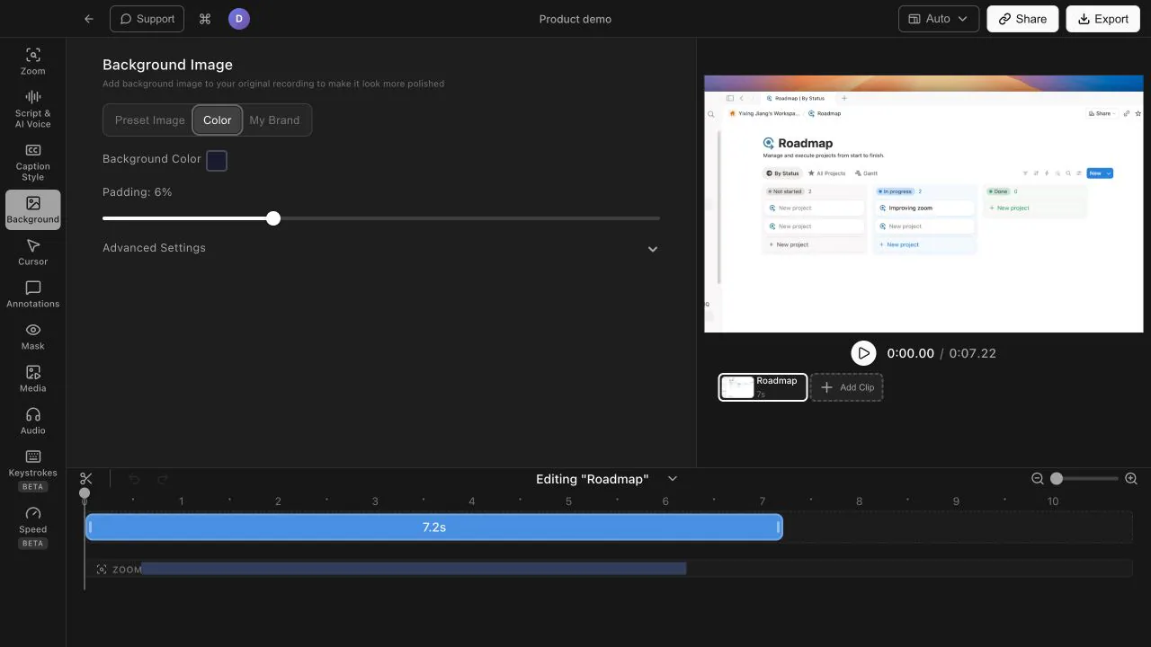 Tight Studio Color background tab with an exact color control beside the rendered project