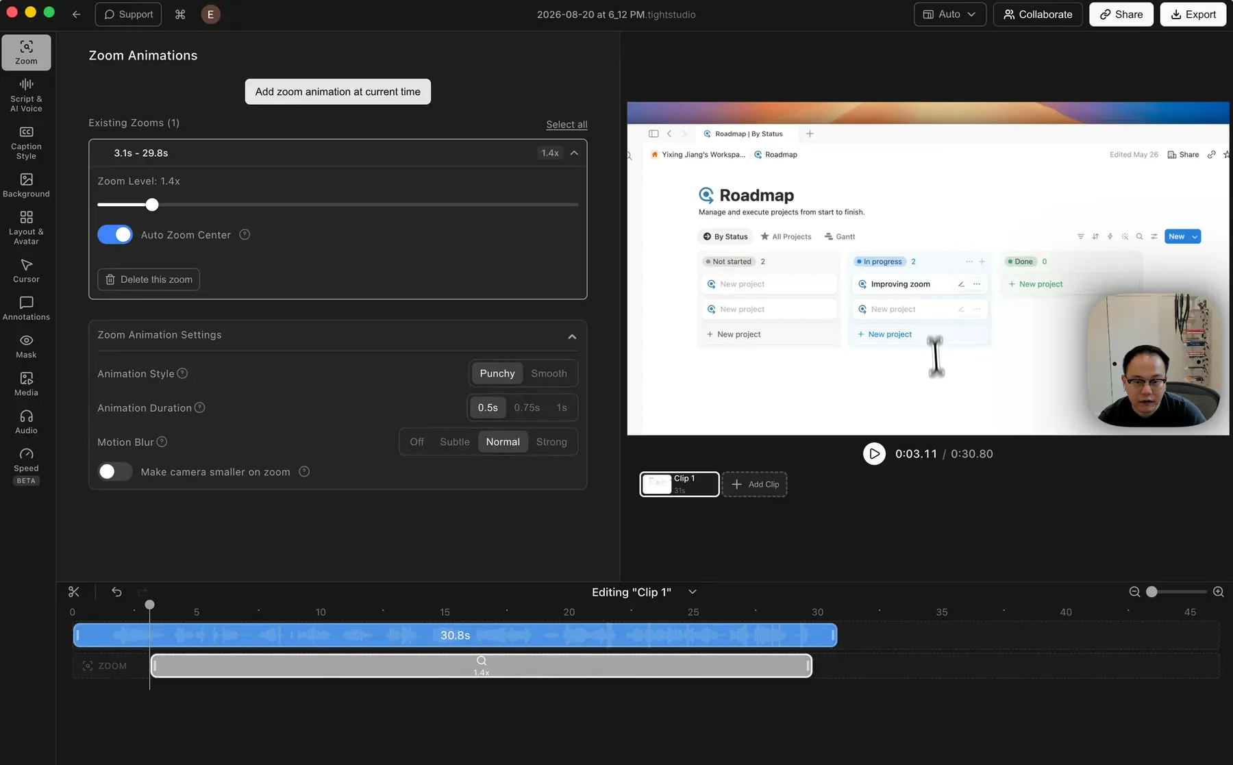 Editor de zoom Tight Studio que muestra el control Auto Zoom Center, el nivel de zoom, la vista previa de video y un segmento de zoom editable en la línea de tiempo