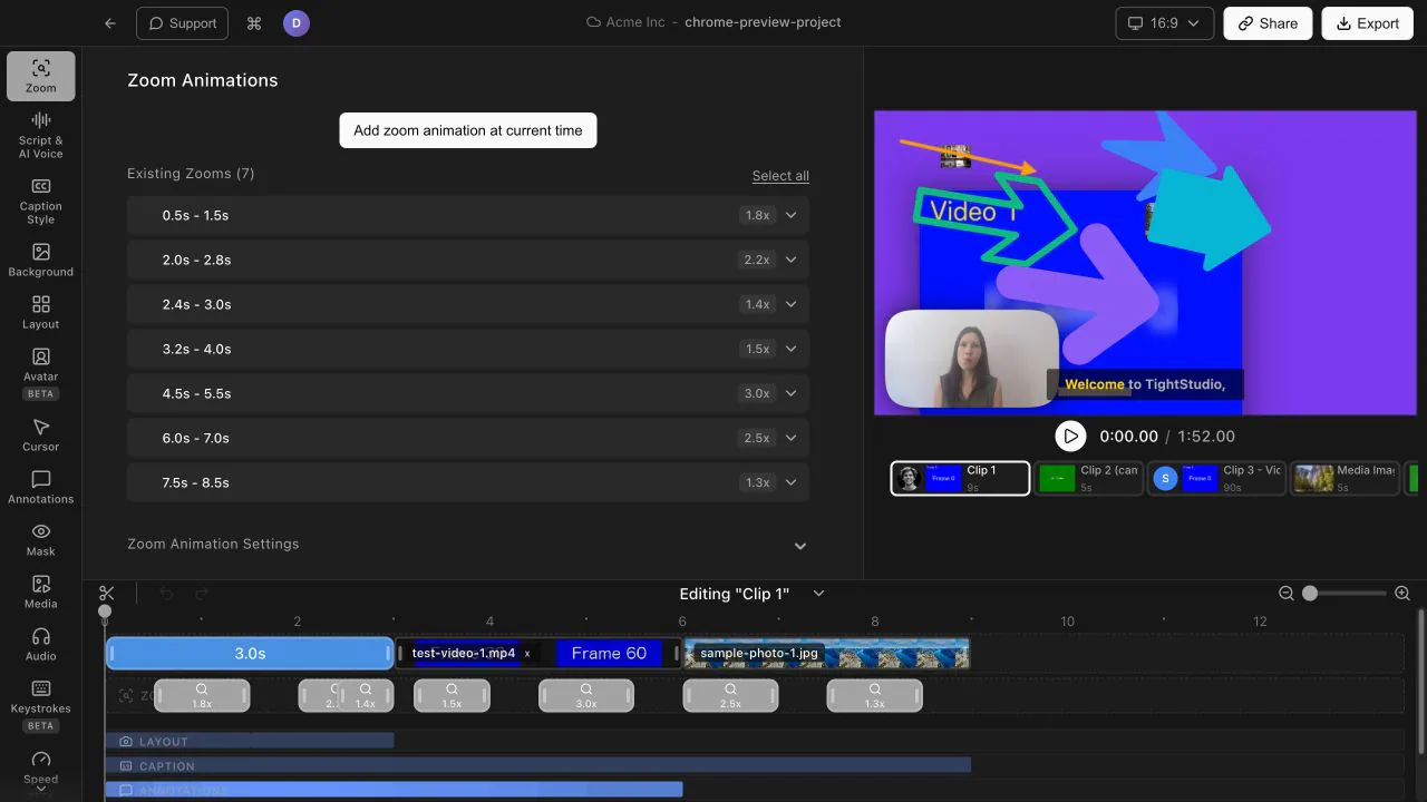 Tight Studio editor showing a cloud team project for Acme Inc with multiple clips arranged in the timeline
