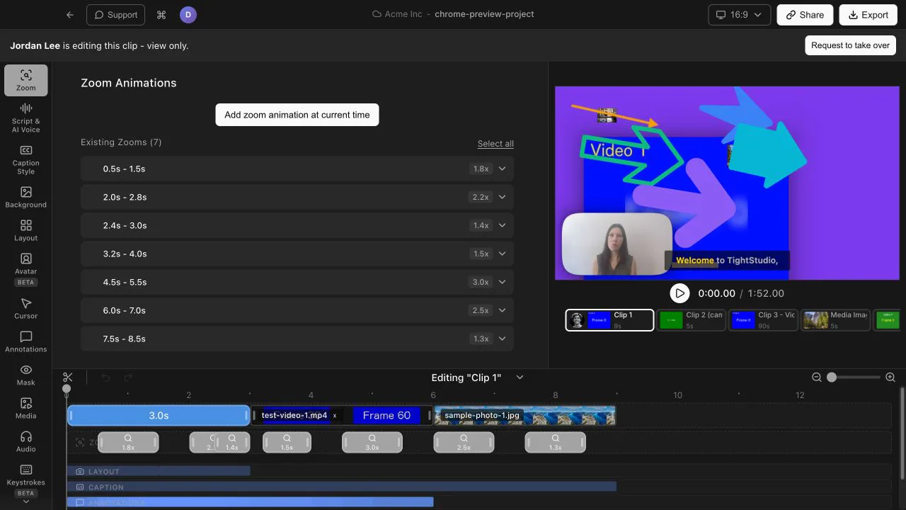 Cloud team project showing which teammate controls the selected clip while the viewer remains read-only