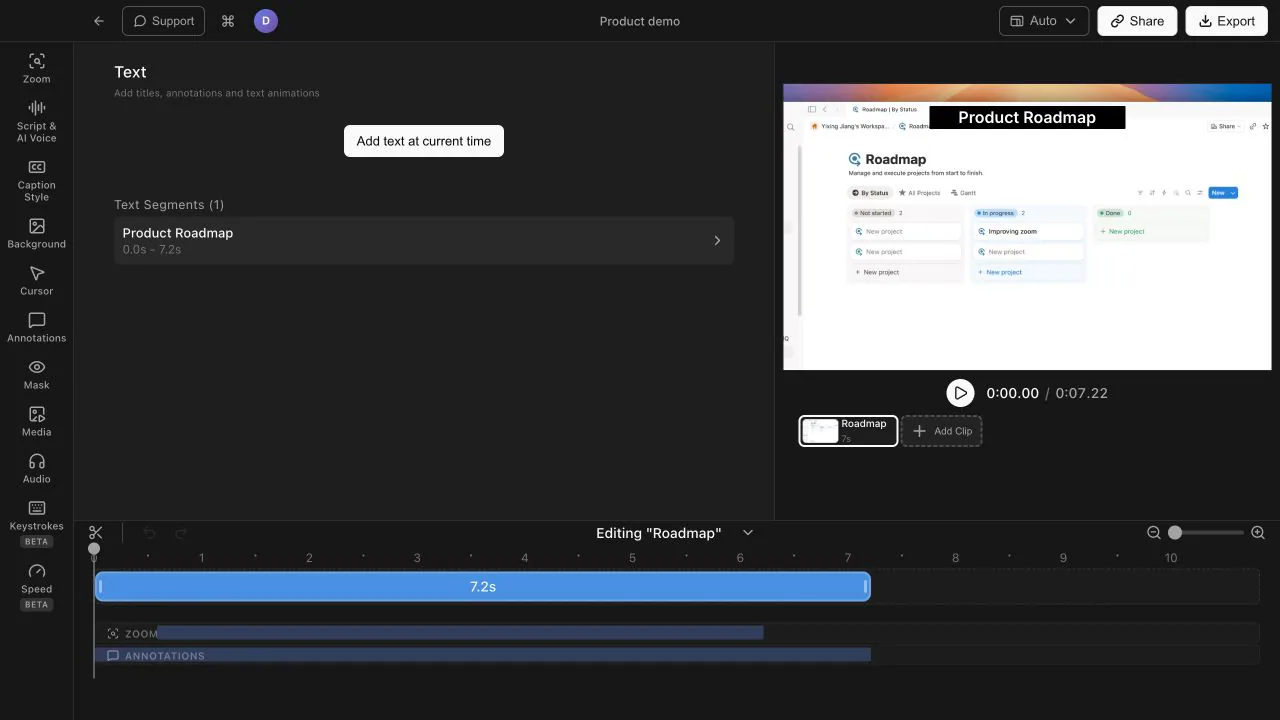 Product Roadmap title rendered over a product demo with the Tight Studio text segment editor open