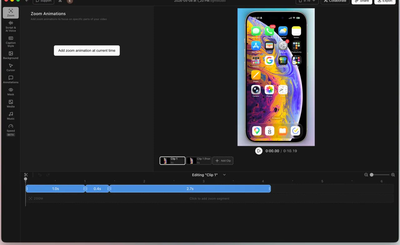 Tight Studio editor showing zoom controls, a framed iPhone recording, clip controls, and the mobile video timeline