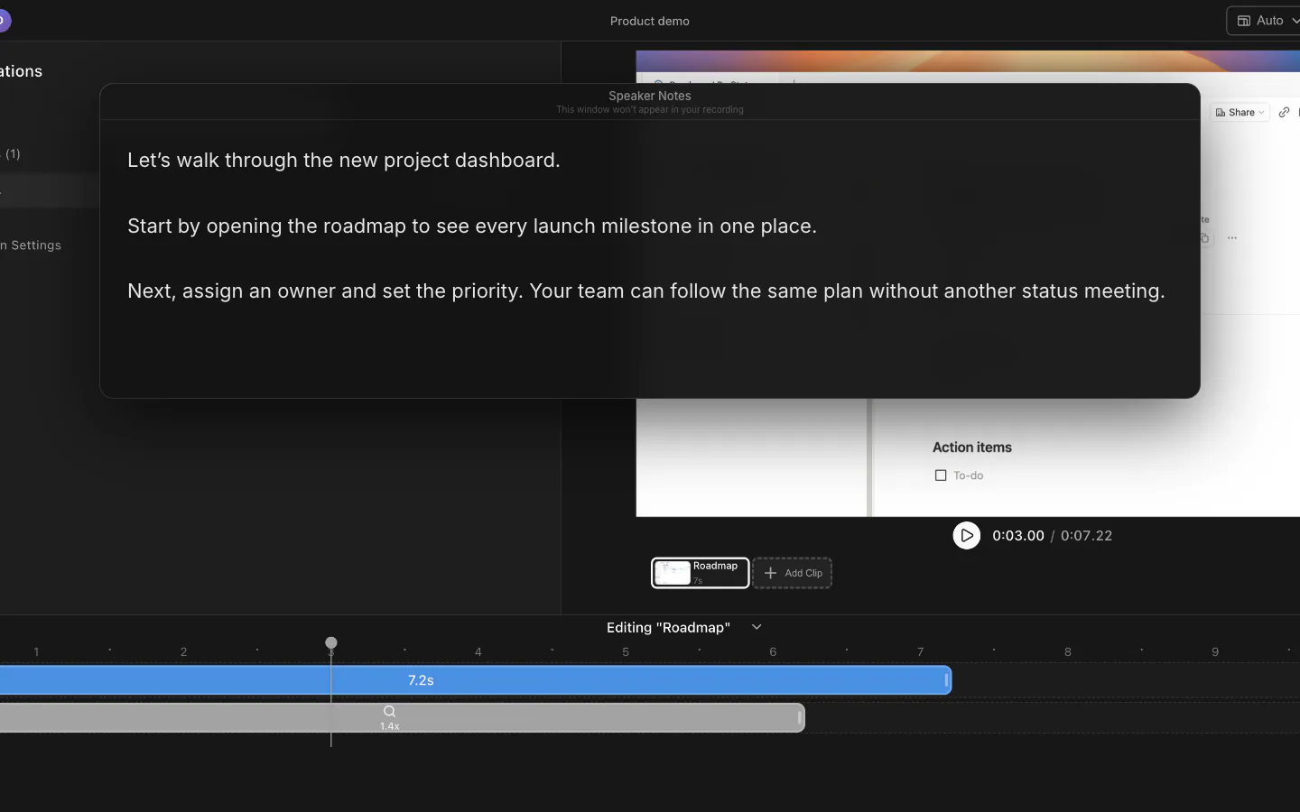 Floating Tight Studio teleprompter over a product demo project