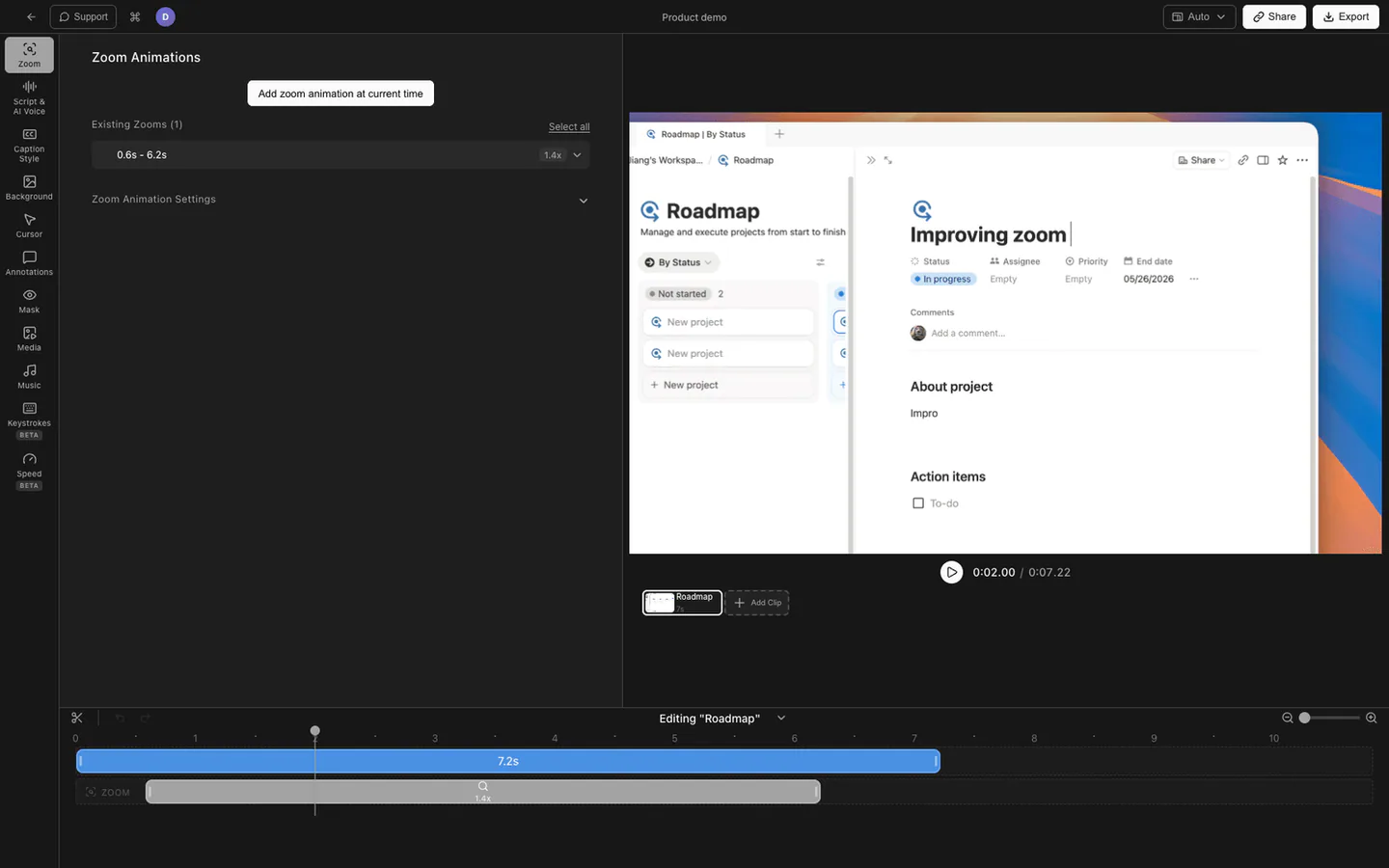 Smart zoom settings and a polished product walkthrough in Tight Studio