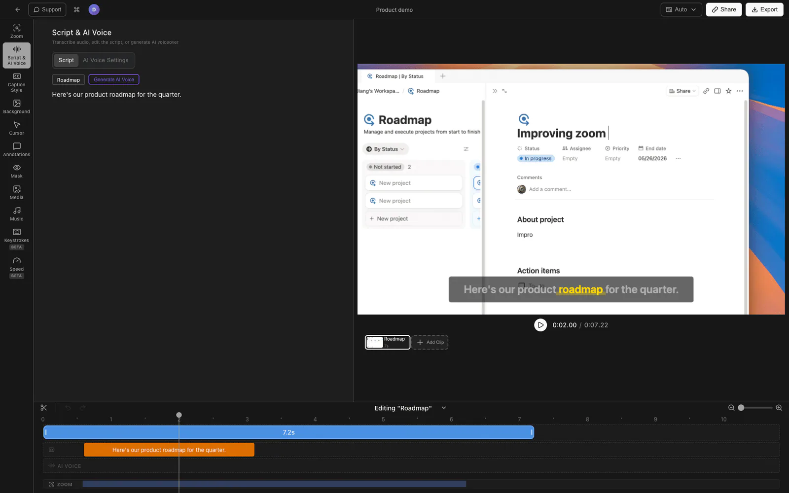 Tight Studio adding AI captions to a screen recording