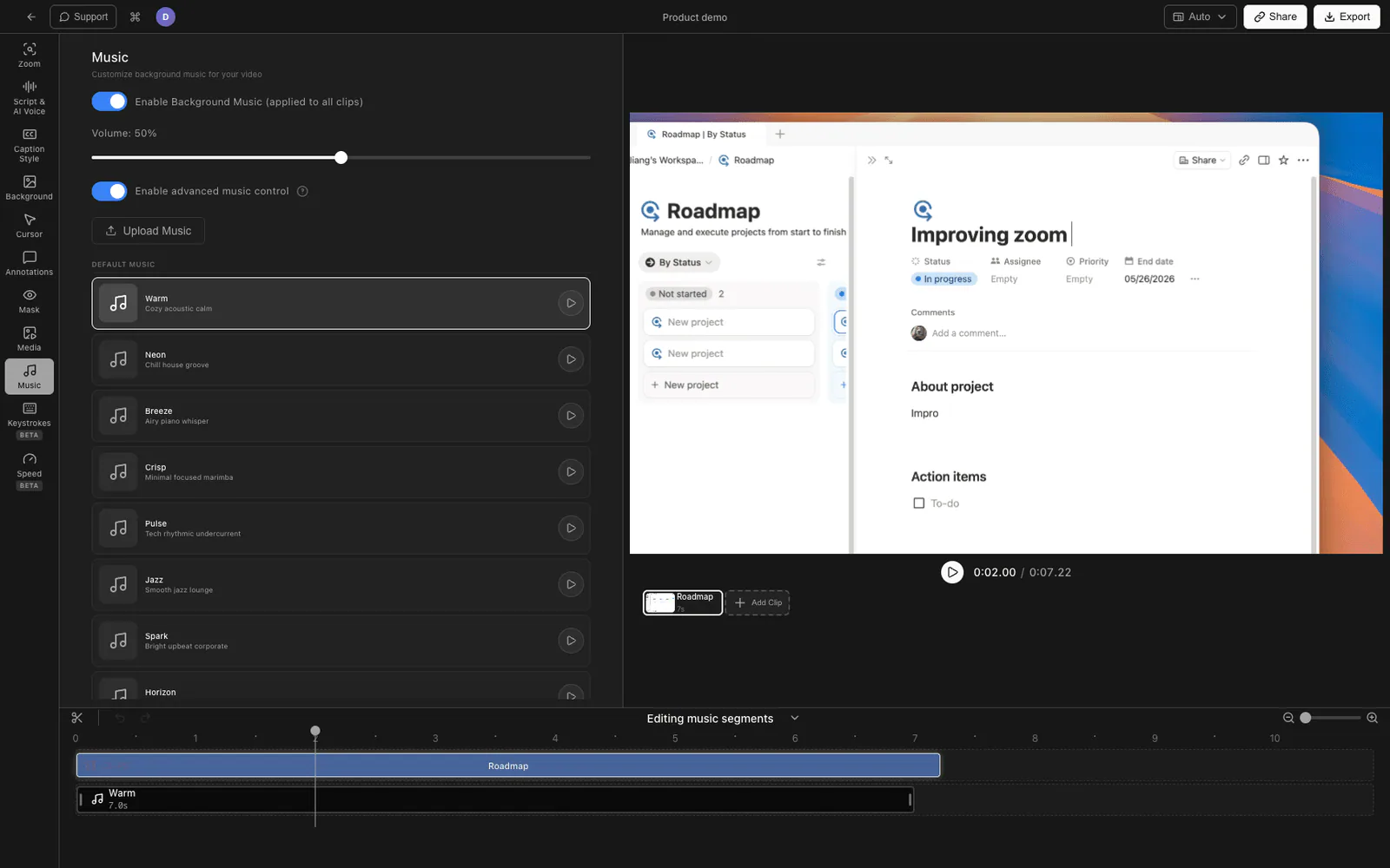 Tight Studio background music library in the editor
