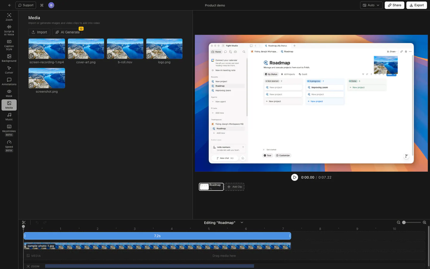 Tight Studio media library with imported image and video assets ready to add to a project