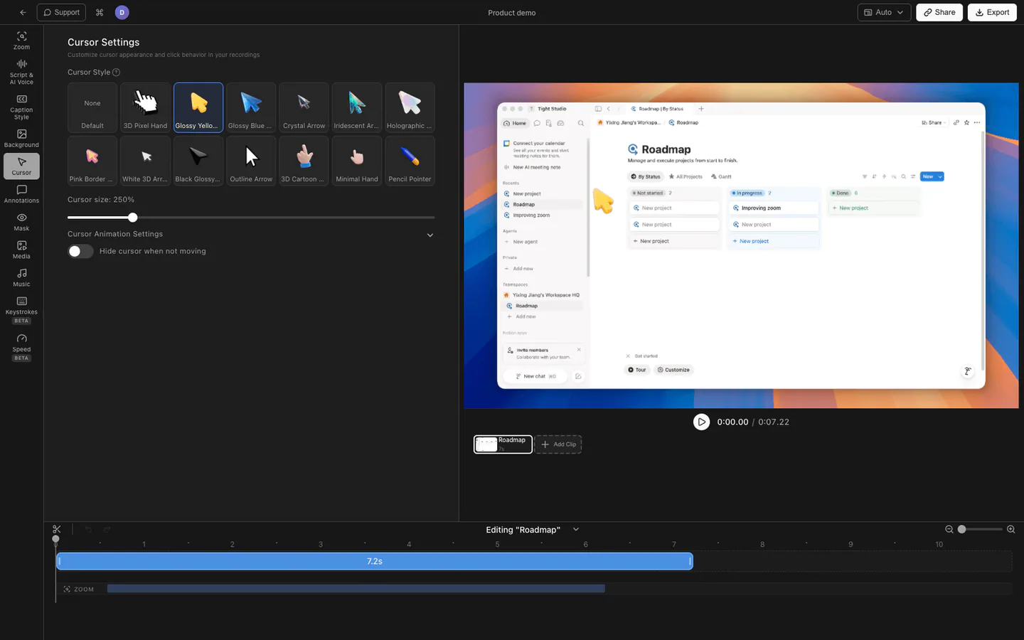 Cursor animation controls in the Tight Studio editor