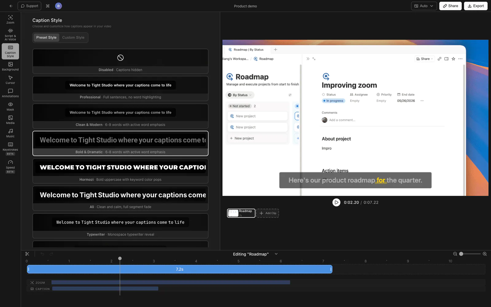 Tight Studio editor making a tutorial video with captions and zoom