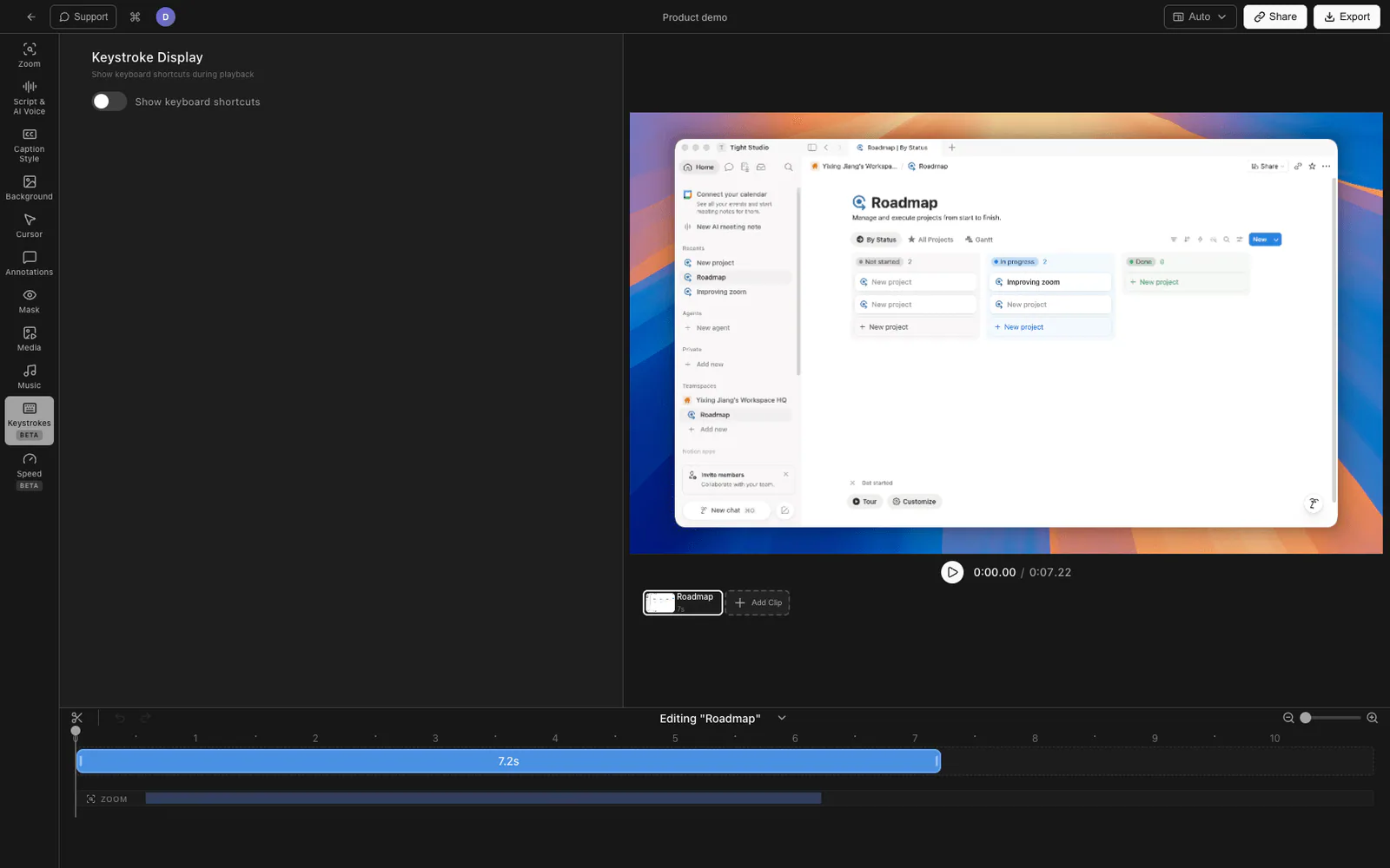 Tight Studio keystroke overlay settings for a screen recording