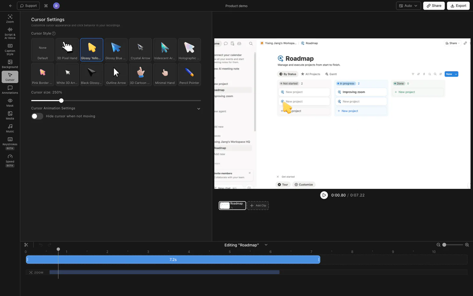 Tight Studio cursor smoothing and click highlight settings