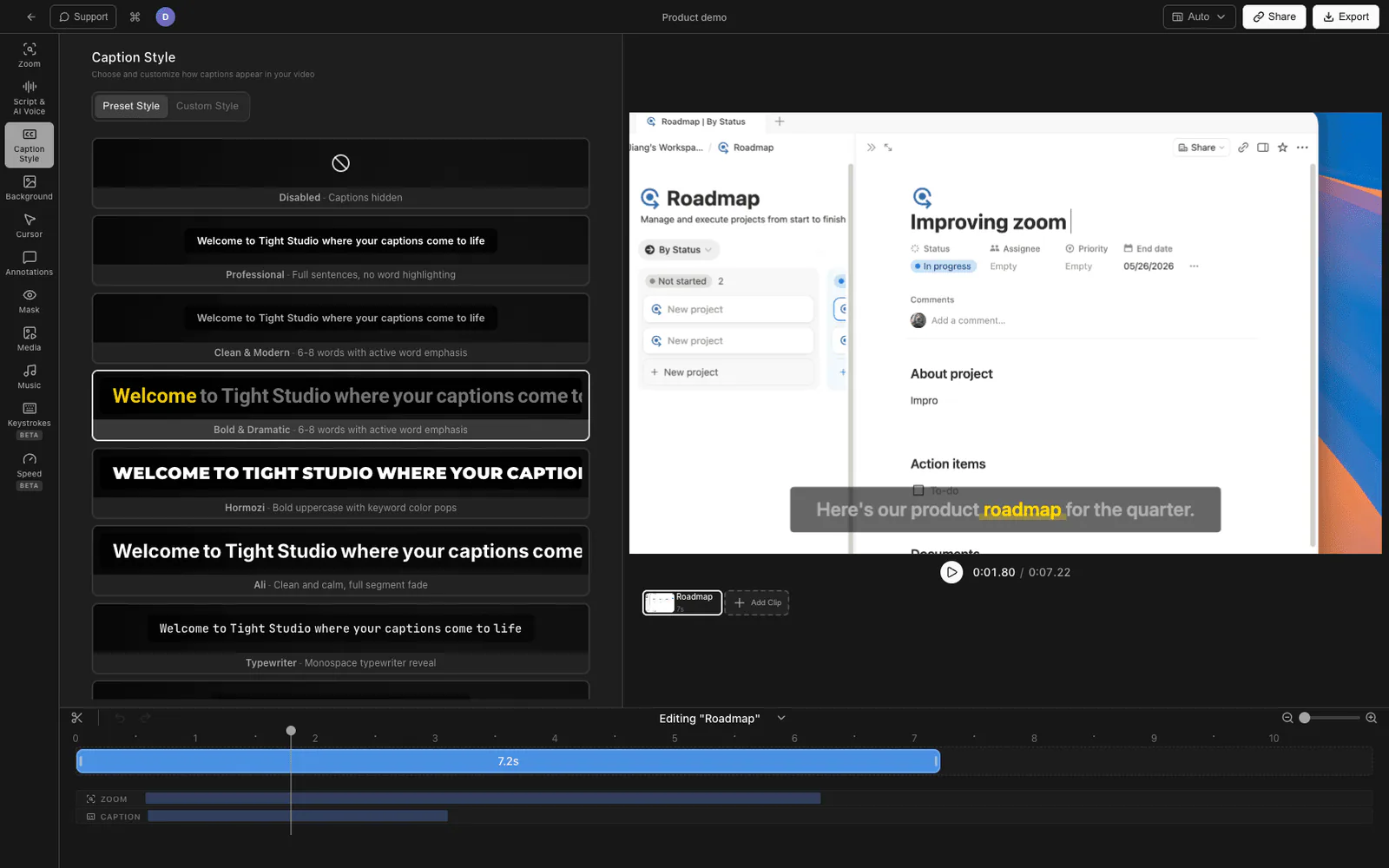 Tight Studio caption style panel with styled captions on the video