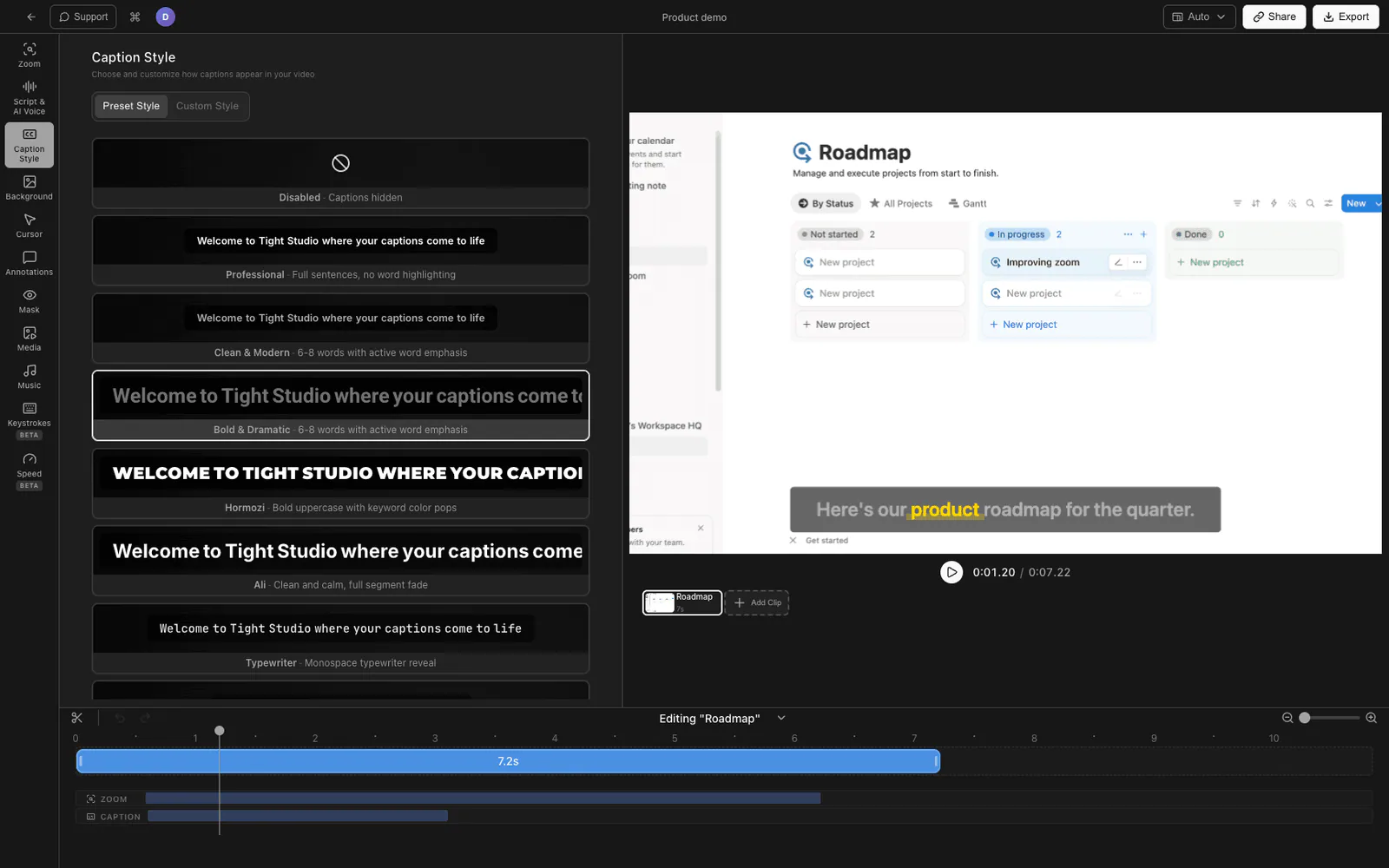 Tight Studio screen recording on Mac with audio captions