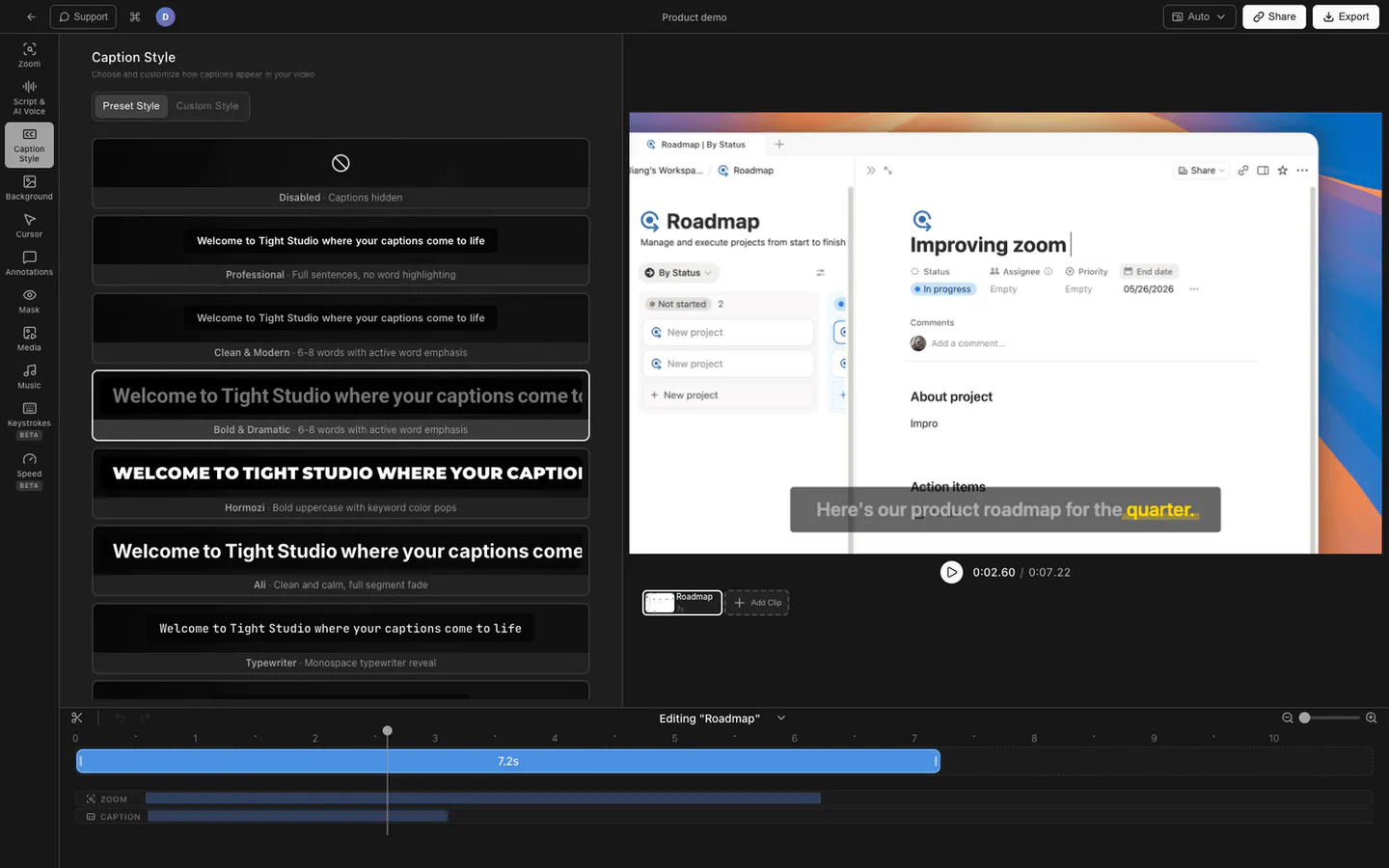 Styled caption controls and video preview in Tight Studio