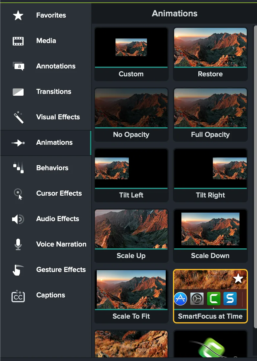Camtasia Biblioteca de animaciones que muestra personalizados, restaurar, opacidad, inclinación, escala, SmartFocus y controles de camino de movimiento