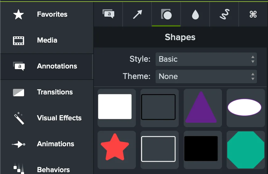 Camtasia Shapes biblioteca de anotación que muestra rectángulos con estilo, triángulo, oval, estrellas y octágonos presets con menús de estilo y tema