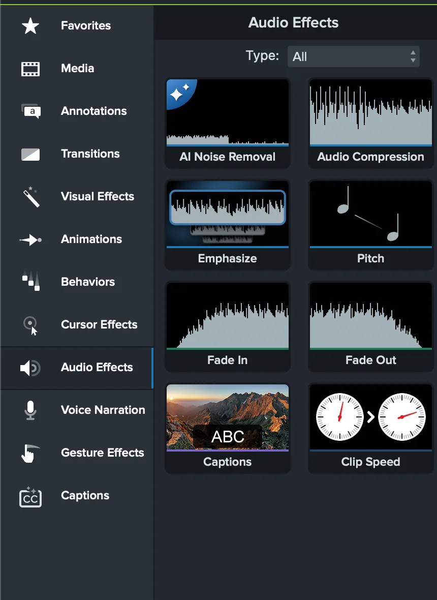 Camtasia Audio Biblioteca de efectos que muestra la eliminación de ruido AI, compresión, énfasis, tono, desvanecerse, desvanecerse, subtítulos y velocidad de clip