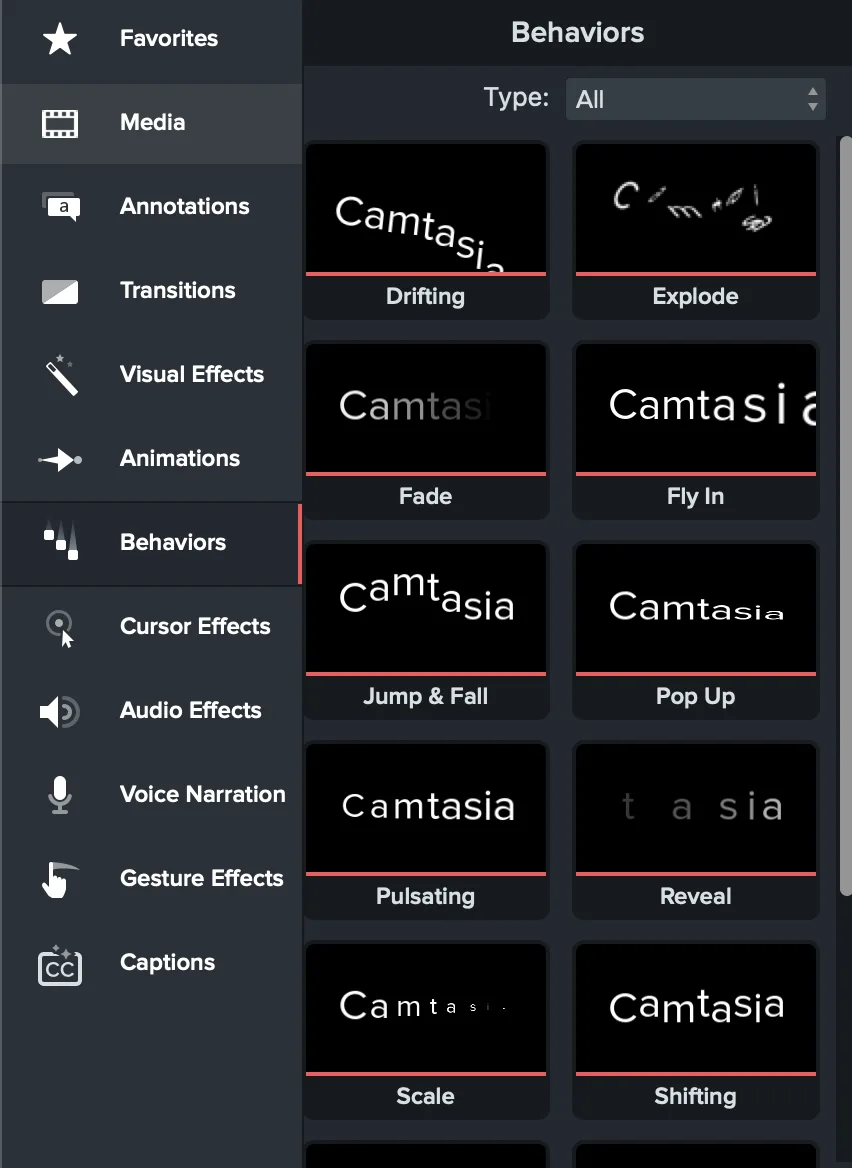 Camtasia Biblioteca de comportamientos que muestra a la deriva, explotar, desvanecerse, volar, saltar y caer, aparecer, pulsar, revelar, escalar y cambiar presets
