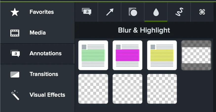 Camtasia Desenfoque y biblioteca de anotaciones de resaltado que muestra múltiples puntos destacados de color, desenfoque, pixelado y máscaras de estilo de foco