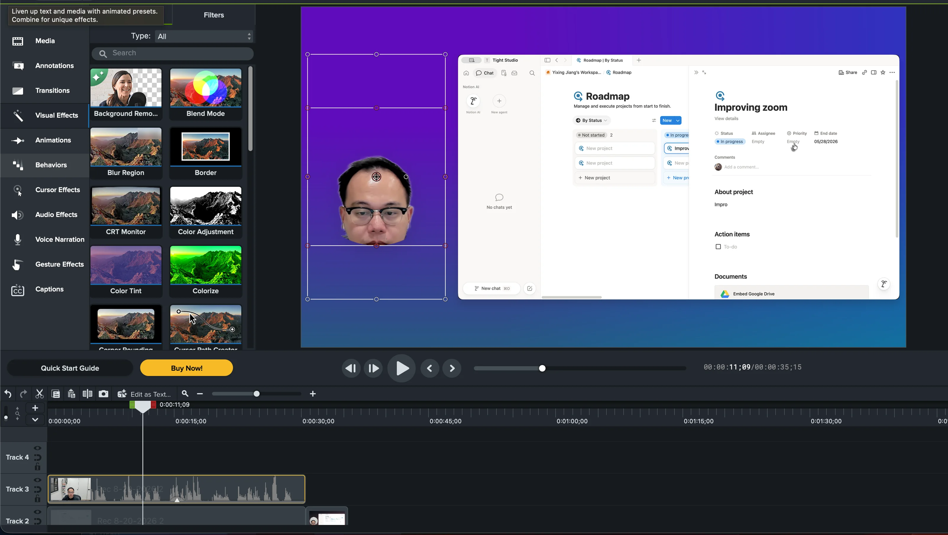 Camtasia Editor que muestra la eliminación de fondo aplicada a una grabación de cámara, dejando el presentador cortado sobre el fondo del proyecto junto a la grabación de pantalla