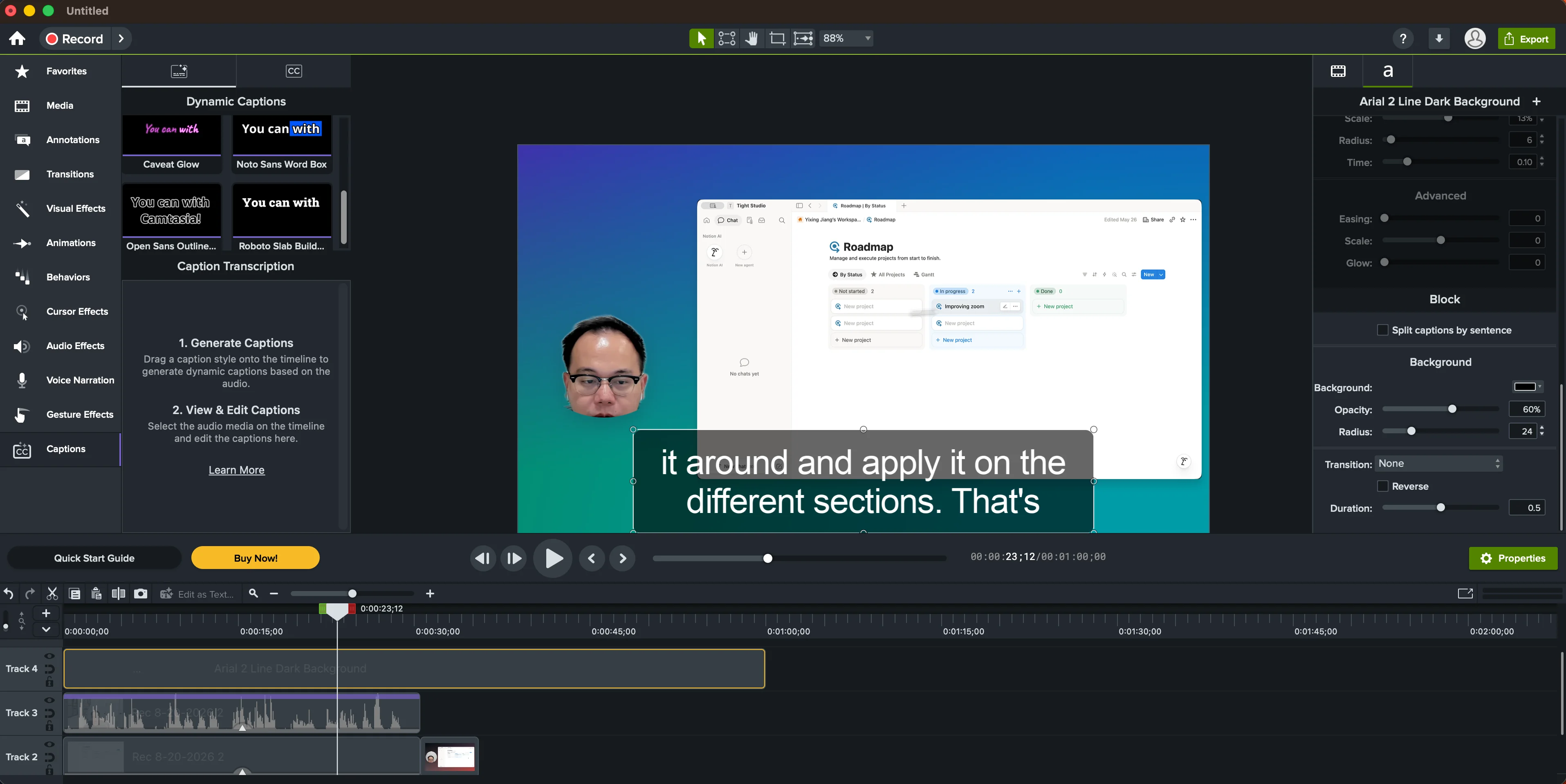 Camtasia Editor mostrando presets de estilo de letra dinámica, instrucciones de transcripción de subtítulos, un título de dos líneas en el lienzo, y propiedades detalladas de tipografía, animación, bloque y fondo