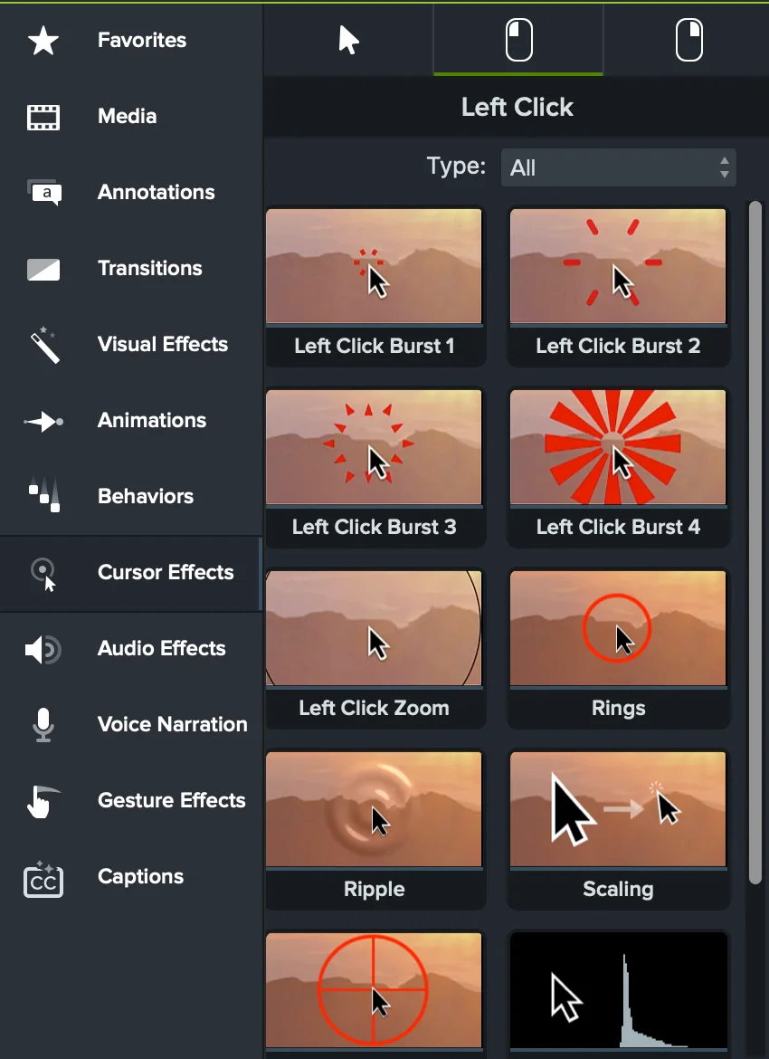 Camtasia Left Haga clic en la biblioteca de efectos que muestra cuatro estilos de explosión, haga clic en zoom, anillos, ondas y efectos de escalado