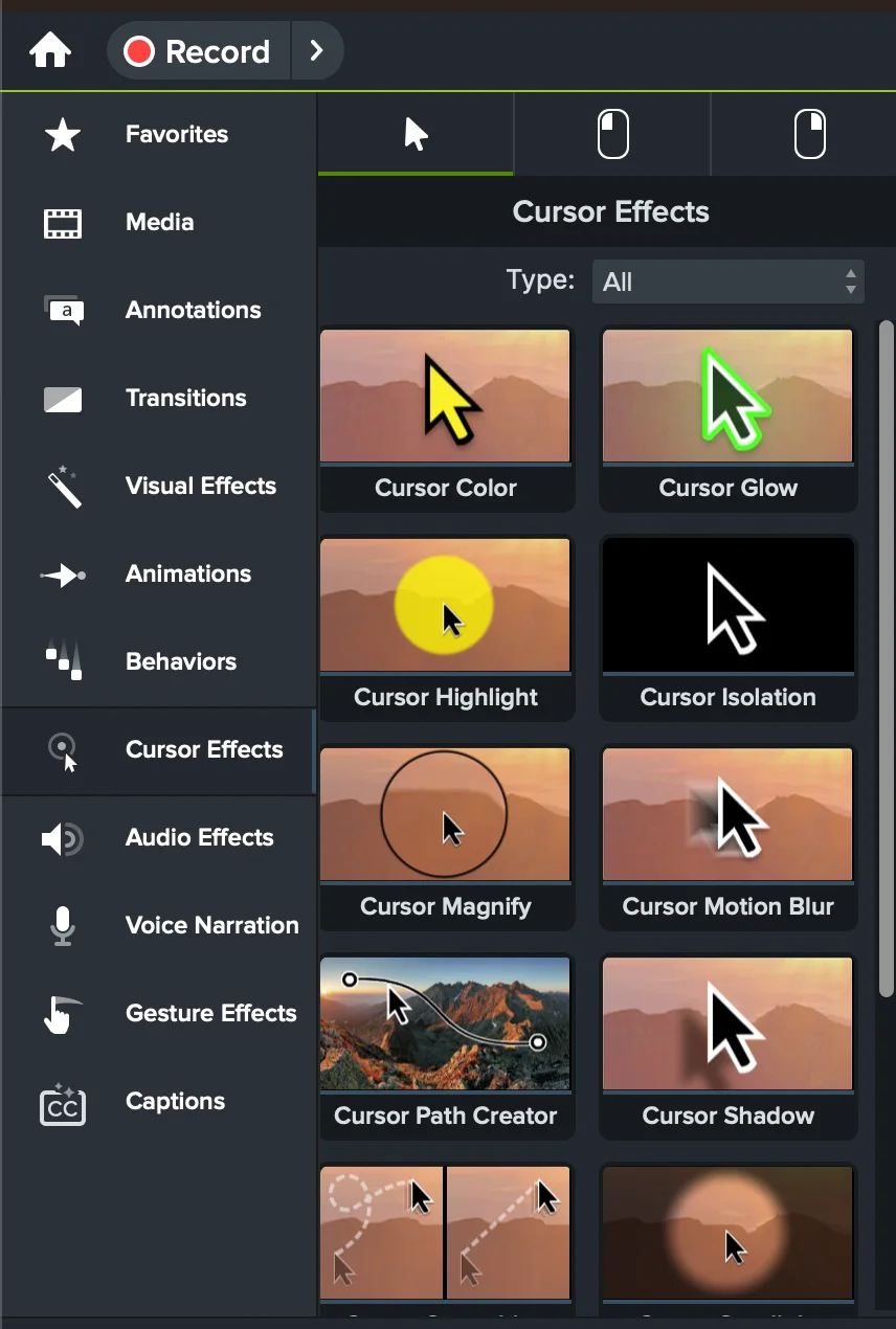 Camtasia Biblioteca de efectos de cursor que muestra el color del cursor, brillo, resaltado, aislamiento, aumento, movimiento borroso, creador de ruta y efectos de sombra