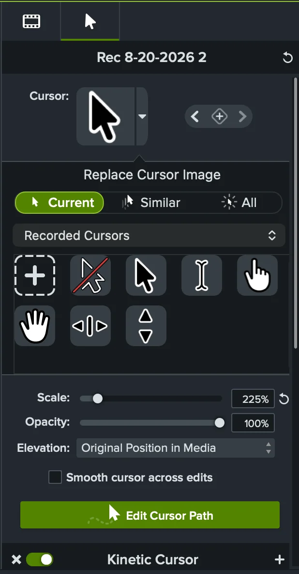 Propiedades del cursor Camtasia que muestran opciones de reemplazo del cursor registradas, escala del 225 por ciento, opacidad, elevación, suavización y controles de la ruta del cursor de edición