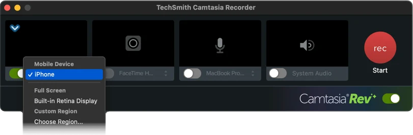 TechSmith Camtasia Recorder con iPhone seleccionado en la sección Dispositivo móvil del menú de origen de la pantalla