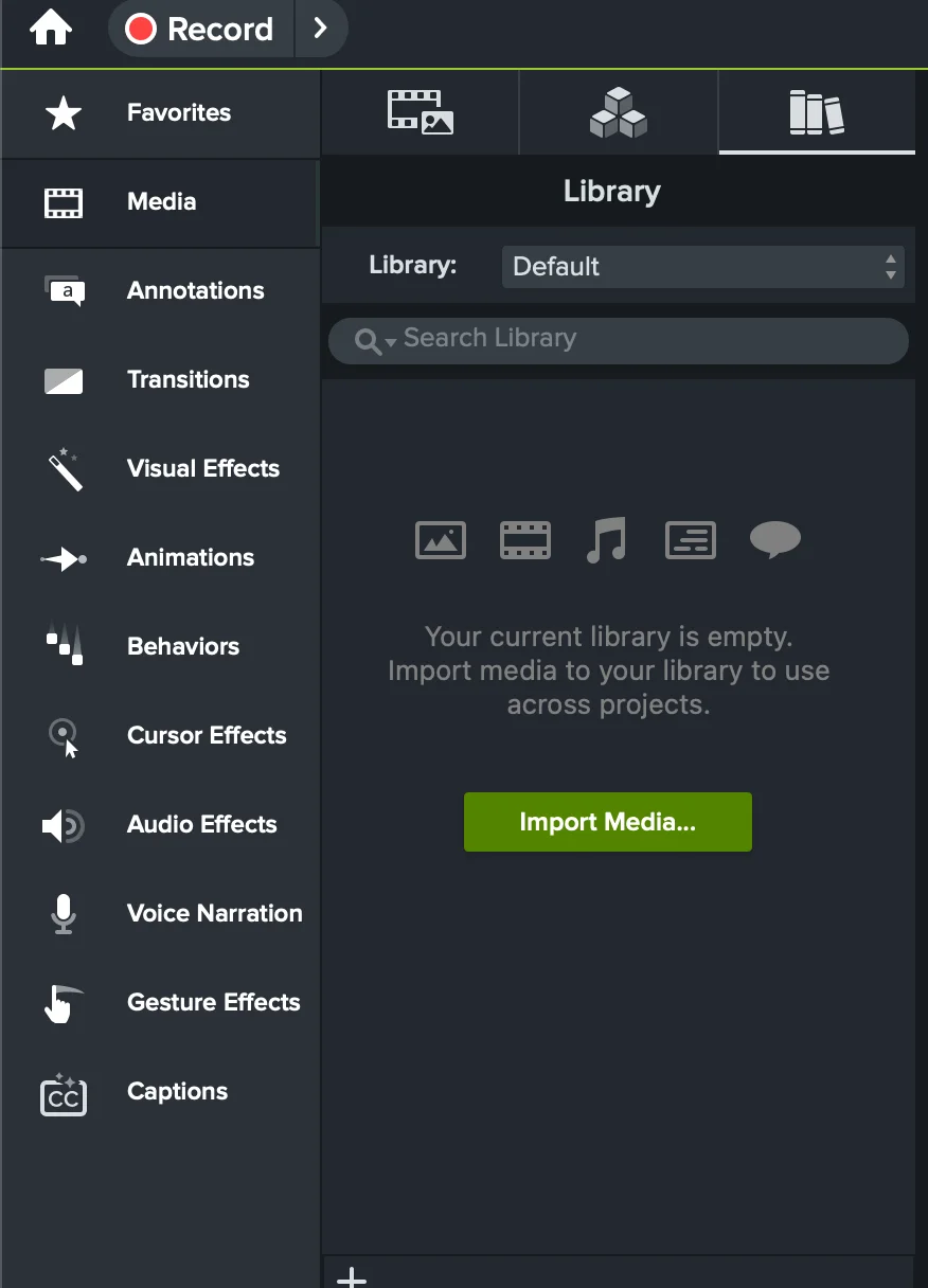 Camtasia Library pestaña con iconos de imagen, video, audio, texto y llamada de llamada más un botón Importar medios