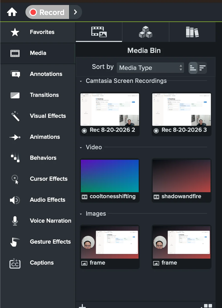 Camtasia Media Bin que muestra dos grabaciones de pantalla Camtasia, dos clips de video importados y dos imágenes importadas organizadas por tipo de medio