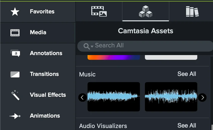 Panel de activos Camtasia que muestra música integrada como tarjetas de forma de onda sin nombres de pista visibles