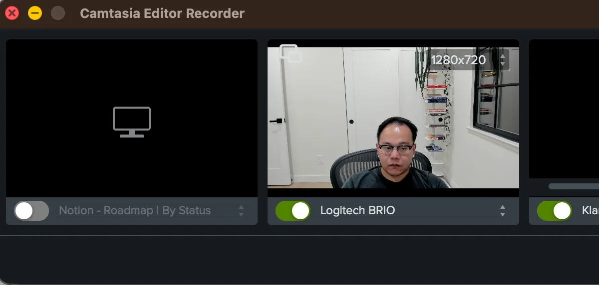Grabadora de editor Camtasia con captura de pantalla apagada y una vista previa de cámara BRIO en vivo encendida en 1280 por 720
