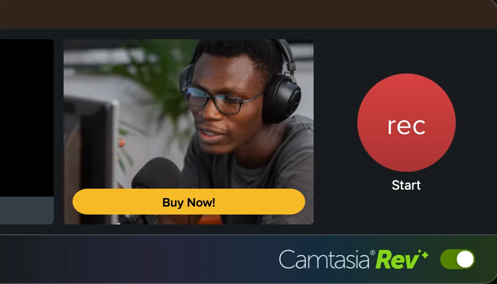Grabador de edición Camtasia mostrando el botón de inicio de grabación y un interruptor Camtasia Rev habilitado