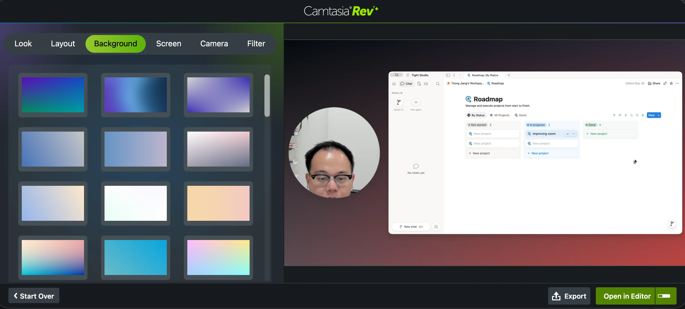 Camtasia Rev Ficha de fondo que muestra una gran cuadrícula de presets de gradiente junto a una pantalla y vista previa de diseño de cámara circular