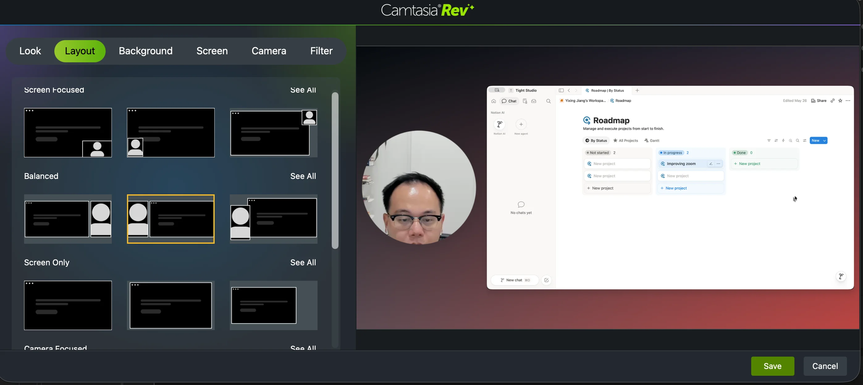 Camtasia Rev Ficha de diseño que muestra las categorías de diseño centrado en pantalla, equilibrado, sólo pantalla y centrado en cámara junto a una vista previa en vivo