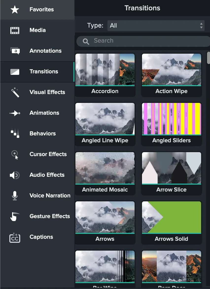 Camtasia Librería de transiciones que muestra acordeón, toallita de acción, toallita de línea en ángulo, mosaico animado, flecha, flechas y otros presets de transición