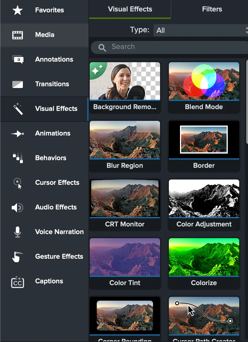 Camtasia Visual Effects library muestra la eliminación de fondo, modo de mezcla, región de desenfoque, borde, monitor CRT, ajuste de color y efectos coloreados
