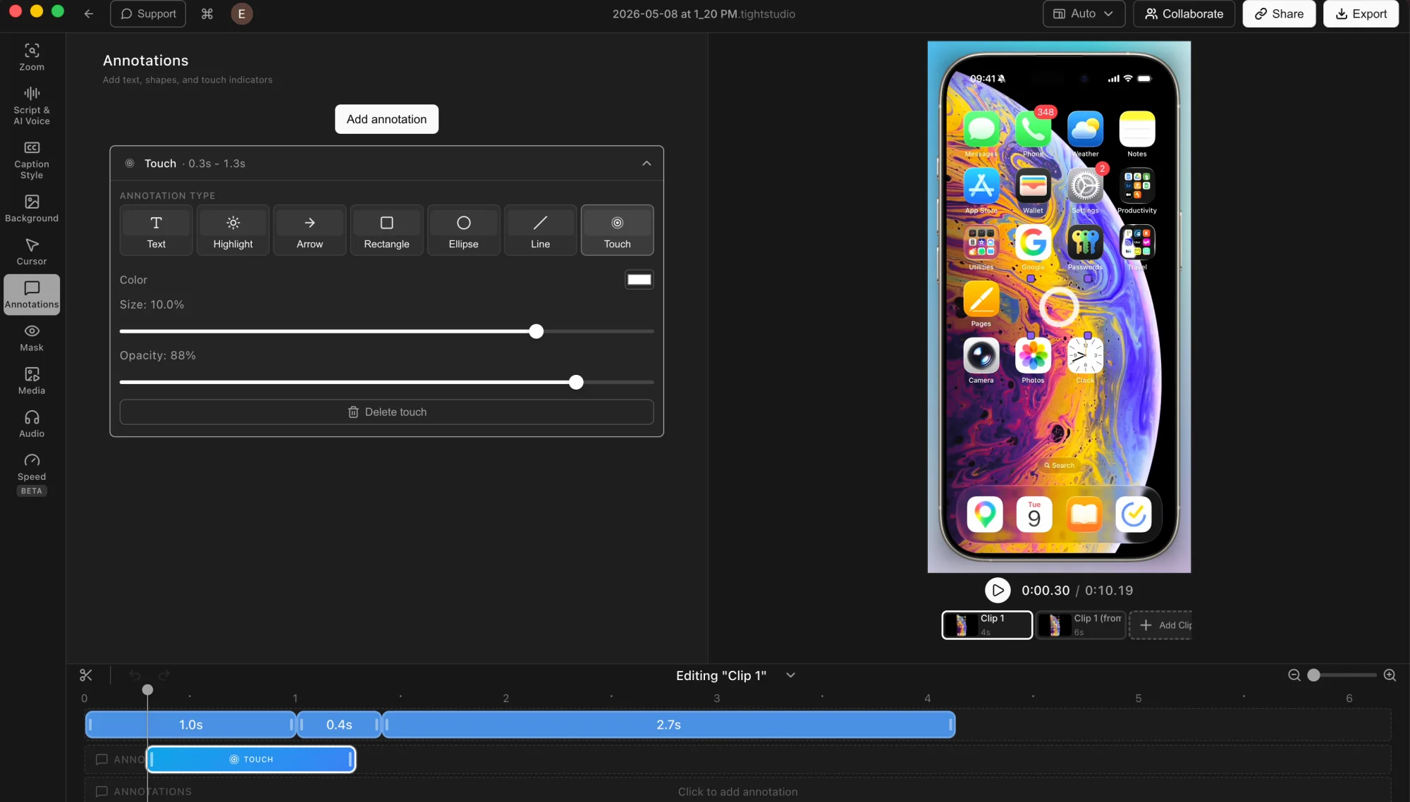Tight Studio editando una grabación de pantalla iPhone dentro de un marco del dispositivo con la anotación Touch única seleccionada y controles de color, tamaño, opacidad y duración de la línea de tiempo visibles