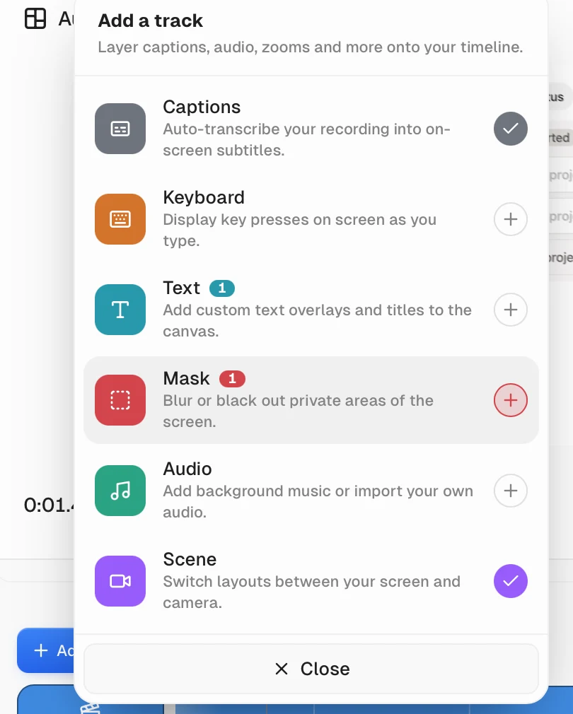 Cap Studio Añadir un menú de pista que muestra las pistas de títulos, teclado, texto, máscara, audio y escena sin opciones de superposición de forma o medios